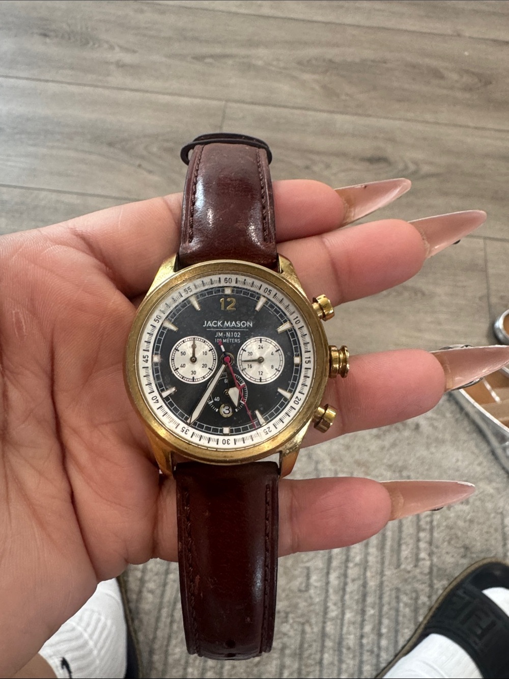 Jack Mason Brown Leather Strap Gold Case Chronograph Watch.  Needs battery